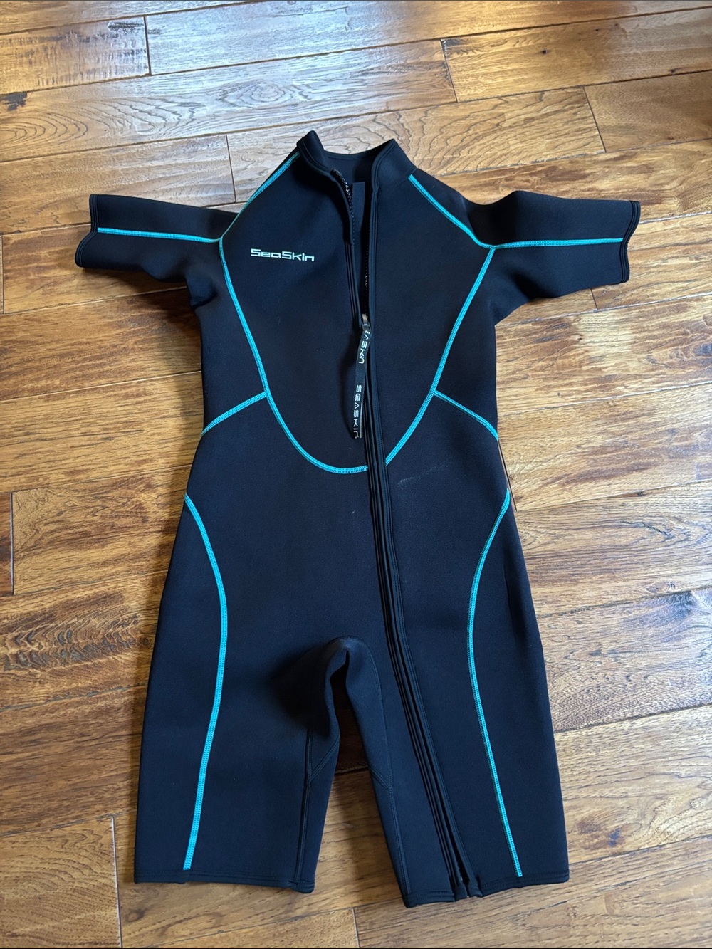 SeaSkin Shorty Neoprene Wetsuit - Black with Teal Piping